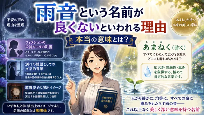 「雨音（あまね）」という名前が良くないといわれる理由と本来の意味を、静かな雨の風景と女性教師キャラクターで表現し、文学的イメージと名前に込められた普遍的な恵みの意味を分かりやすく伝える画像