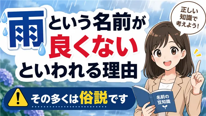 「雨」という名前が良くないといわれる理由について、雨の漢字や雨空、解説する女性キャラクターを用いて、俗説に惑わされず正しい知識で考える大切さを表現した画像