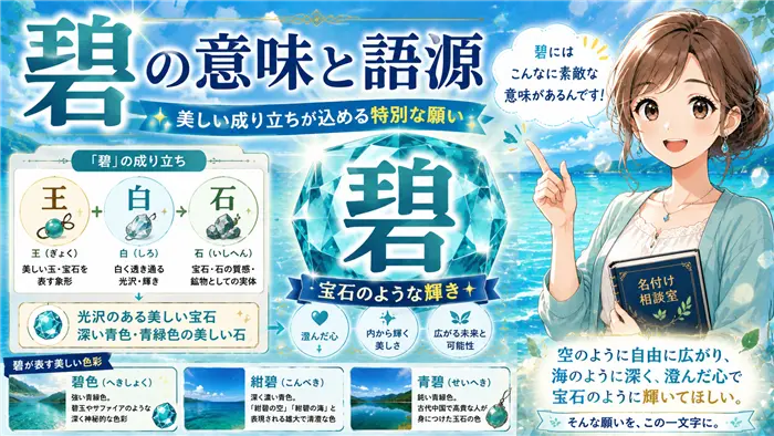 「碧」という漢字の成り立ちである「王・白・石」と、宝石の輝きや碧い海・空の美しい色彩を通して、本来の意味や語源、名付けに込められる願いを表現した画像