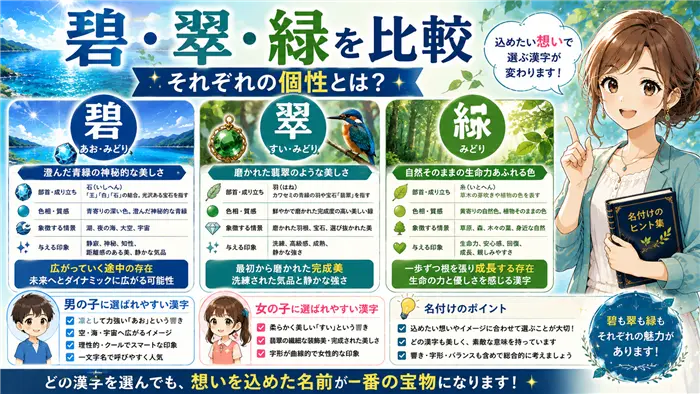 「碧・翠・緑」の3つの漢字が持つ色彩や意味の違いを、海・宝石・森のイメージとともに比較し、それぞれの個性や名付けで込められる願いを分かりやすく解説する画像