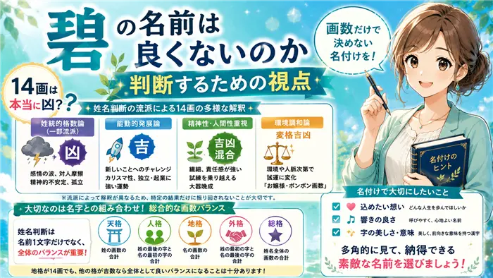 「碧」の14画に対する姓名判断のさまざまな解釈や、名字との組み合わせによる総合的な画数バランスの重要性を、分かりやすい図解とともに解説し、名付けで後悔しない判断の視点を伝える画像