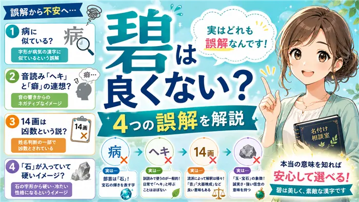 「碧」という名前が良くないと言われる理由を、病気との誤解・音読みの連想・姓名判断・石のイメージの4つに整理し、実際は誤解であることを分かりやすく解説する画像