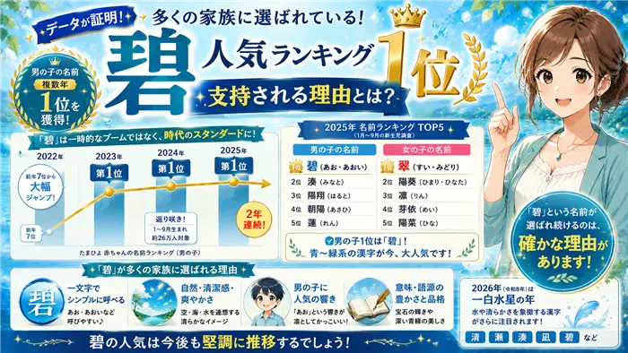 「碧」が最新の名前ランキングで複数年1位を獲得している人気トレンドを、ランキング表や上昇グラフとともに視覚化し、多くの家庭から支持される理由を分かりやすく紹介する画像