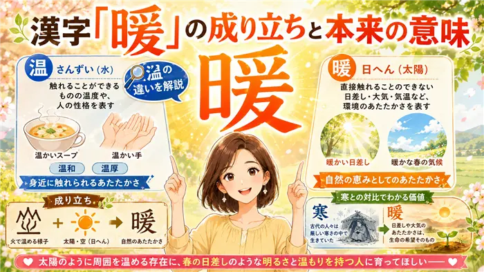 「暖」という漢字の成り立ちや本来の意味を、太陽の日差し・春の風景・温と暖の違いを比較する図解とともに、やさしく解説する女性キャラクターを描いた画像