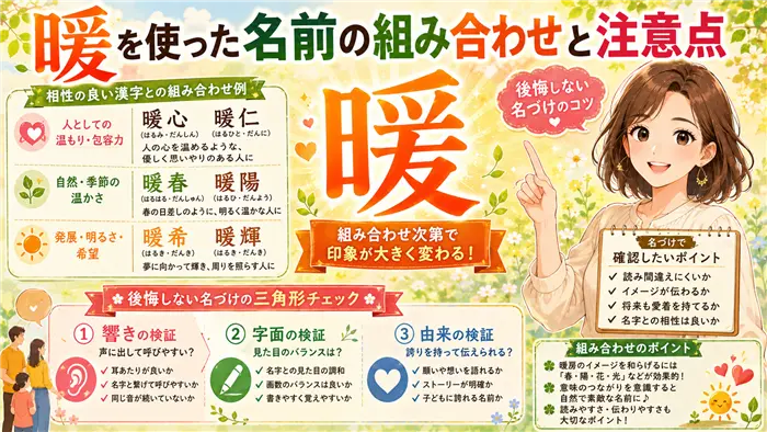「暖」を使った名前の組み合わせ例や名づけの注意点を、心・春・陽など相性の良い漢字との組み合わせや、響き・字面・由来の三角形チェックを図解で分かりやすく紹介する画像