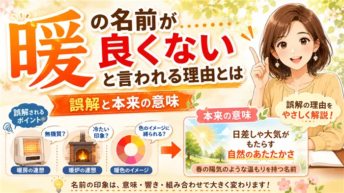 「暖」という名前が良くないと言われる理由について、暖房や暖色などの誤解と本来の意味の違いを、やさしく解説する女性キャラクターと図解でわかりやすく表現した画像