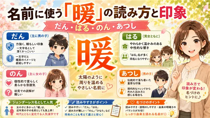 「暖」という名前の読み方ごとの印象や特徴を、だん・はる・のん・あつしの違いを比較しながら、ジェンダーレス名としての人気や読みやすさのポイントをやさしく解説する画像