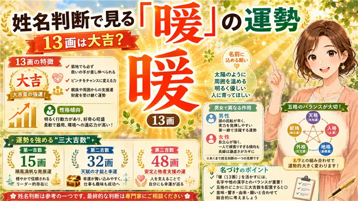 姓名判断における「暖」の13画の運勢や大吉数の意味を、運気上昇を象徴する光や成長のイメージ、五格や三大吉数の図解とともに分かりやすく解説する画像