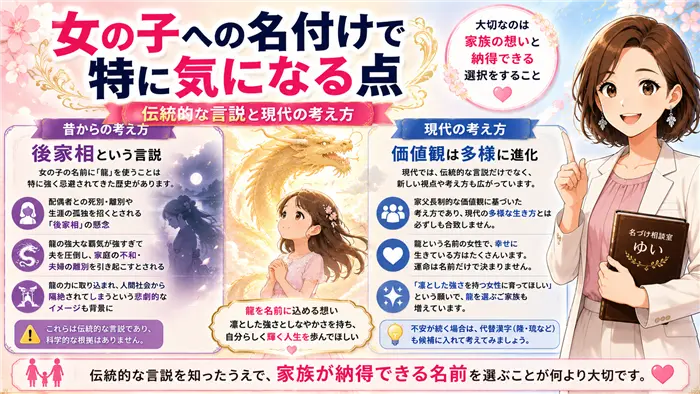 女の子の名前に龍を使う際に語られる伝統的な言説と現代的な考え方の違いを整理し、不安を和らげながら家族で納得できる名付けを考えるための解説画像