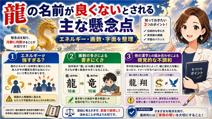 龍という名前が良くないとされる懸念点について、伝統的なエネルギー論・画数の多さ・漢字の組み合わせによる視覚的な問題を冷静に整理し、名付けの判断材料を分かりやすく解説する画像