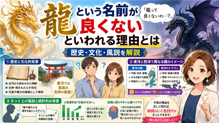 「龍という名前が良くないといわれる理由」を歴史・文化・東洋と西洋の龍の違い・ネット上の風説の背景からわかりやすく解説し、不安を整理するための画像