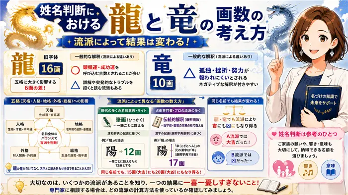 姓名判断における龍と竜の画数の違いや流派ごとの計算方法の差を比較しながら、姓名判断は参考のひとつとして冷静に考える大切さを解説する画像