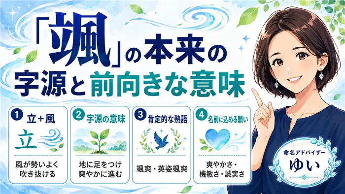 「颯」という漢字の本来の字源と前向きな意味を、立と風の成り立ち、颯爽・英姿颯爽などの肯定的な熟語、名前に込める爽やかさ・機敏さ・誠実さの願いとともに、命名アドバイザーの女性キャラクターが解説する画像