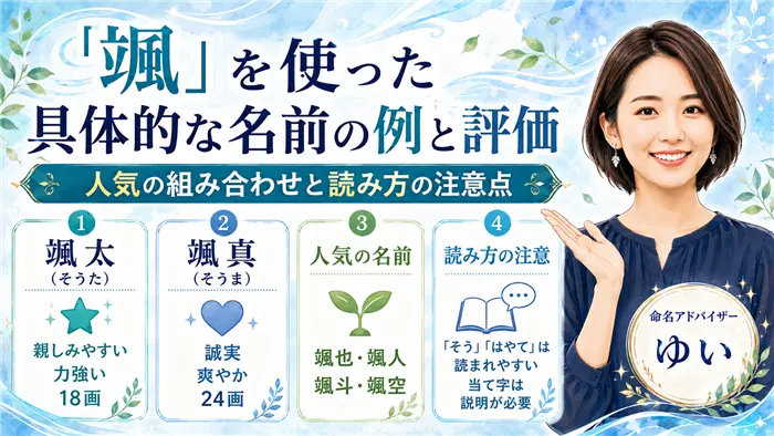 「颯」を使った具体的な名前の例として、颯太・颯真・颯也・颯人・颯斗・颯空などの人気の組み合わせと、読み方の注意点を命名アドバイザーの女性キャラクターが解説する画像