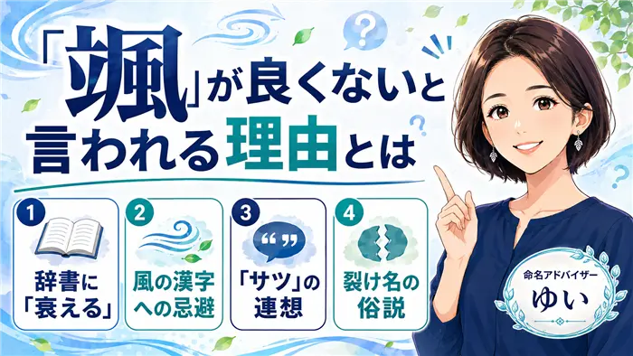 「颯」という名前が良くないと言われる理由として、辞書に載る「衰える」の意味、風の漢字への忌避、「サツ」の音韻的な連想、裂け名の俗説を、命名アドバイザーの女性キャラクターが解説する画像