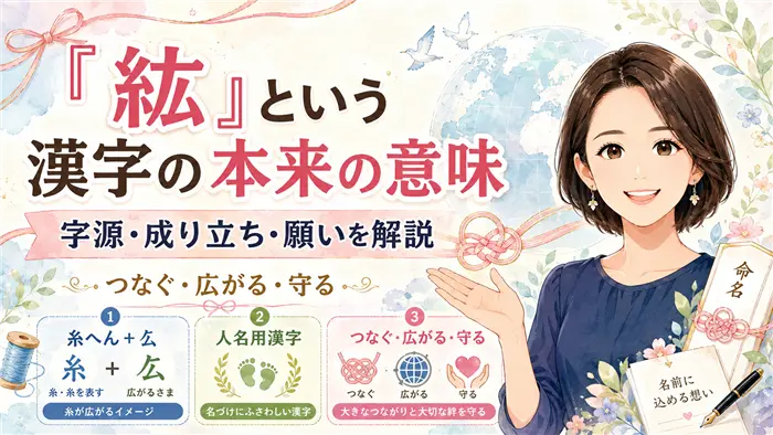 「紘」という漢字の本来の意味について、字源や成り立ち、人名用漢字としての安心感、名前に込められる「つなぐ・広がる・守る」という願いを、女性キャラクターと図解でやさしく説明する画像