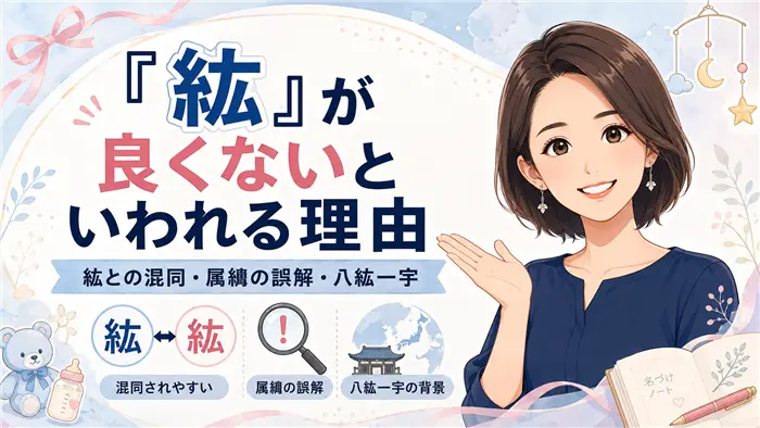 「紘」の名前が良くないといわれる理由として、似た漢字「絋」との混同、属纊の誤解、八紘一宇の歴史的背景を、女性キャラクターと図解でやさしく説明する画像