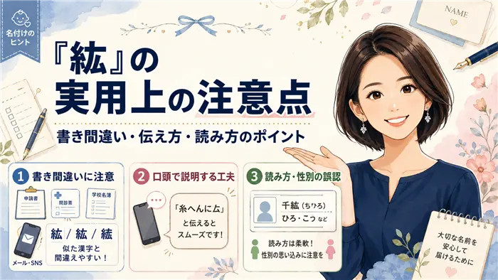 「紘」の名前で起こりやすい実用上の注意点として、書き間違い、口頭での伝え方、読み方や性別の誤認への対策を、女性キャラクターと図解でやさしく説明する画像