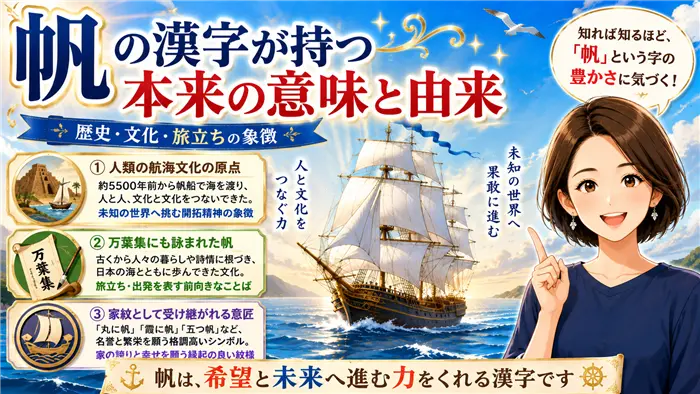 「帆」の漢字が持つ本来の意味や由来を、歴史的な帆船、日本文化、万葉集、家紋の意匠とともに表現し、開拓精神や旅立ちの象徴としての価値を伝える画像
