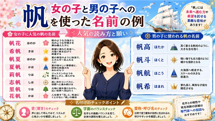 「帆」を使った女の子・男の子の名前例を一覧で紹介し、それぞれの読み方や込められる願い、呼びやすさや名付けのポイントをわかりやすく整理した画像