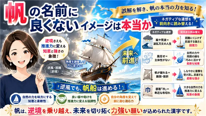 「帆」という名前に対するネガティブなイメージを、逆風を受けて前進する帆船や希望の光とともに前向きに読み替え、本来の意味や強さをわかりやすく伝える画像