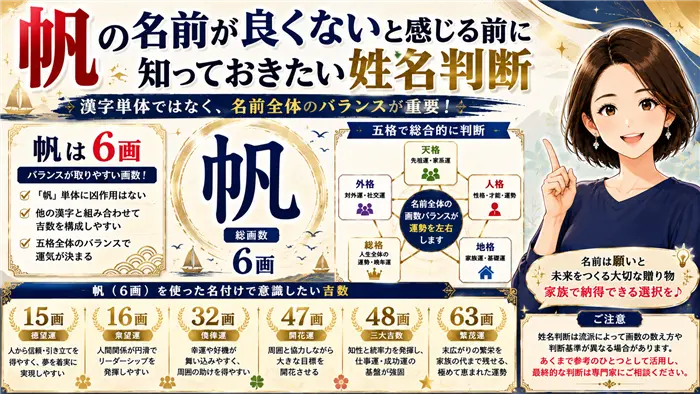 「帆」の姓名判断における画数や吉数との組み合わせをわかりやすく整理し、6画の特徴や名前全体のバランスの重要性を解説する画像