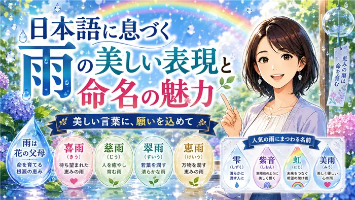 雨にまつわる美しい日本語表現や名前の魅力を、紫陽花、虹、雫、恵みの雨と女性キャラクターで表現し、命名に込められる優しさや希望を伝える画像