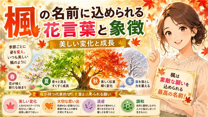 楓の花言葉と名前に込められる願いを紹介する記事向け画像。四季を通じて変化する楓の美しさと、やさしく微笑む女性キャラクターを描き、美しい変化・成長・調和・大切な思い出といった前向きな象徴を表現した画像