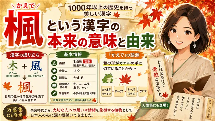 漢字「楓」の意味と由来を解説する記事向け画像。美しい紅葉と歴史を感じる和風モチーフを背景に、やさしい女性キャラクターが楓の成り立ち・語源・万葉集との関わりを紹介し、伝統と自然美を表現した画像