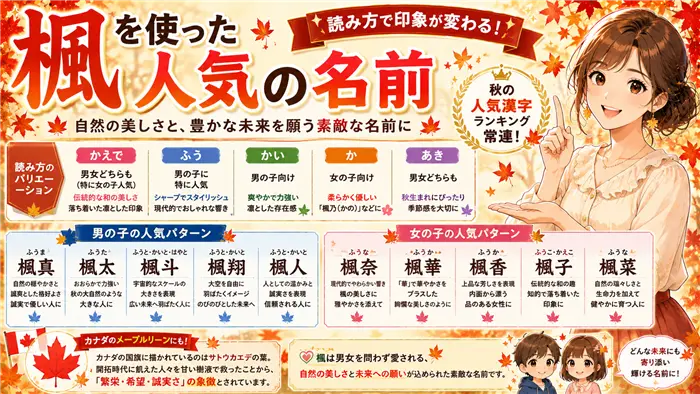 「楓」を使った人気の名前例を紹介する記事向け画像。紅葉した楓の葉を背景に、男の子・女の子それぞれの人気名や読み方のバリエーションを分かりやすく整理し、命名の参考になる明るく親しみやすい雰囲気を表現した画像
