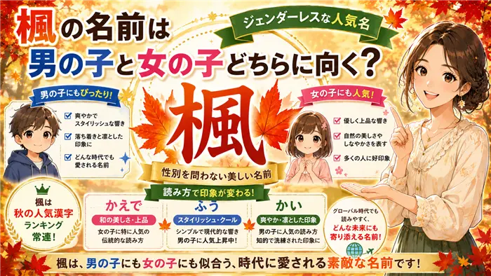 「楓」は男の子と女の子どちらにも使えるのかを解説する記事向け画像。楓の葉を背景に、男女どちらにも親しみやすい印象のキャラクターと複数の読み方を紹介し、ジェンダーレスネームとしての魅力や現代的な命名の自由さを表現した画像