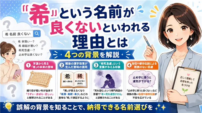 「希」という名前が良くないといわれる理由について、字源・戦後の漢字改革・希死念慮・都市伝説など4つの背景を整理し、誤解と本来の意味を分かりやすく解説する画像