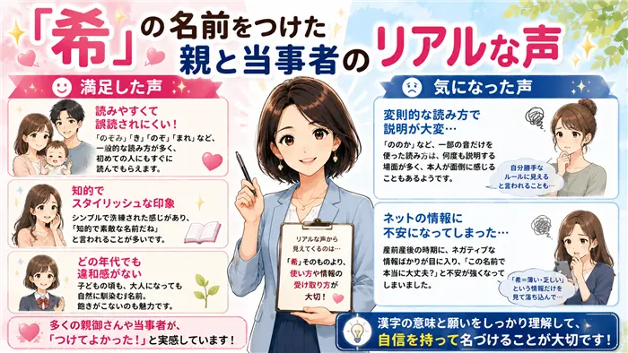 「希」という名前をつけた親や当事者のリアルな声として、読みやすさや好印象への満足感と、読み方やネット情報による不安の実例を分かりやすく紹介する画像