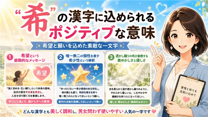 「希」という漢字に込められた希望・唯一無二の個性・優しさや奥ゆかしさといったポジティブな意味を、明るく前向きなイメージで分かりやすく表現した解説画像