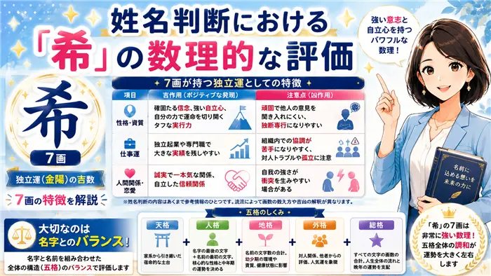 姓名判断における「希」の7画の意味や独立運としての特徴、五格との関係、名字とのバランスの重要性を図解で分かりやすく解説する画像