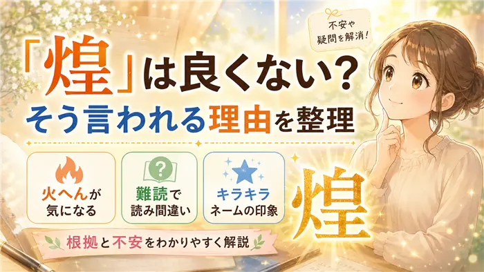 「煌」という名前が良くないといわれる理由を、火へんへの不安・難読・キラキラネームの印象という3つの論点で整理し、やさしい表情のキャラクターと明るい光の演出でわかりやすく表現した画像