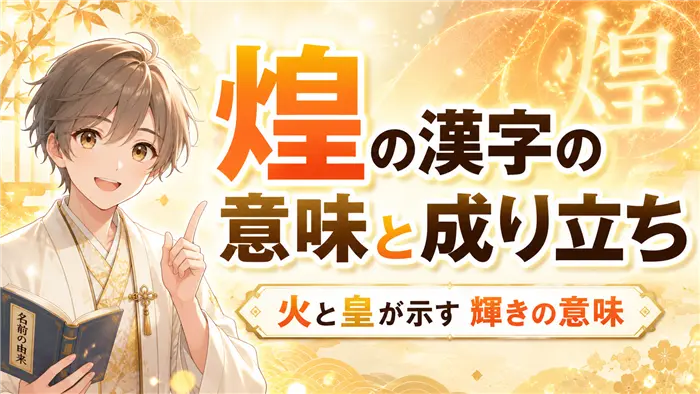 「煌」という漢字の意味と成り立ちを、金色の光や火の輝き、案内役のキャラクターで表現し、「火」と「皇」が示すまばゆい輝きの意味を伝える画像