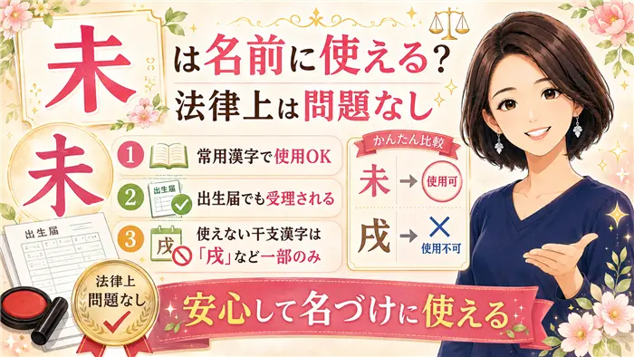 「未」という漢字が法律上名前に使えるかどうかを、常用漢字として使用可能で出生届でも受理されること、使えない干支漢字は戌など一部のみであることを、女性キャラクターと比較図でわかりやすく表現した画像