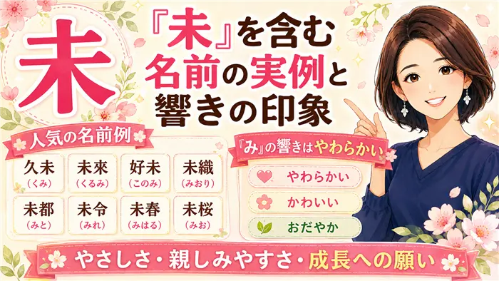 「未」を含む名前の実例と響きの印象について、久未・未來・好未・未織・未都・未令・未春・未桜などの名前例と、「み」の音が持つやわらかく親しみやすい印象を女性キャラクターと桜のデザインで表現した画像