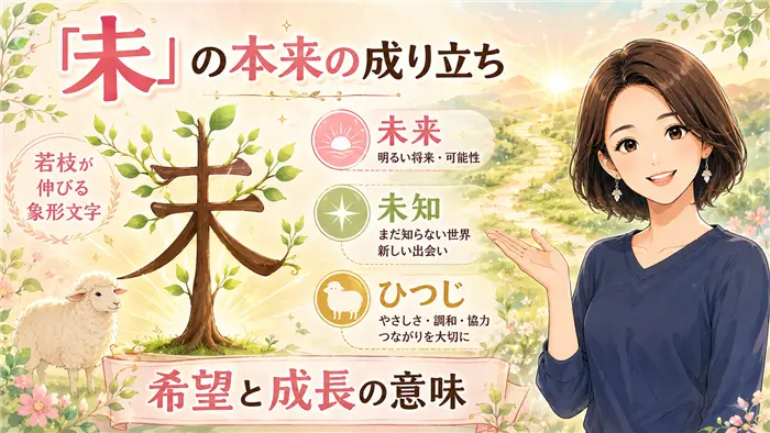 「未」という漢字の本来の成り立ちを、若枝が伸びる木の象形文字、未来・未知の希望、十二支のひつじが持つ調和の意味とともに、成長を象徴する明るい風景で表現した画像