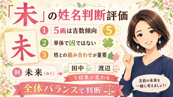 「未」という漢字の姓名判断評価について、5画は吉数傾向であり単体で凶ではなく、名字との組み合わせや全体バランスで判断することを、女性キャラクターと図解でわかりやすく表現した画像