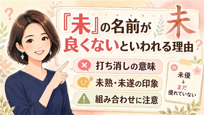 「未」という漢字が名前に良くないといわれる理由を、打ち消しの意味・未熟や未遂の印象・組み合わせの注意点という3つの観点から、女性キャラクターと図解でわかりやすく表現した画像