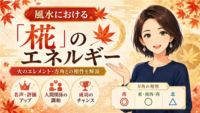 風水における椛のエネルギーについて、火のエレメントがもたらす名声・評価アップ、人間関係の調和、成功のチャンスや、南・東・南西・西・北との方角の相性を、秋のもみじと名づけ相談員のイラストで分かりやすく解説した画像