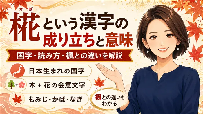 椛という漢字の成り立ちと意味について、日本生まれの国字であること、木と花から成る会意文字であること、もみじ・かば・なぎの読み方や楓との違いを、秋のもみじと名づけ相談員のイラストで分かりやすく解説した画像