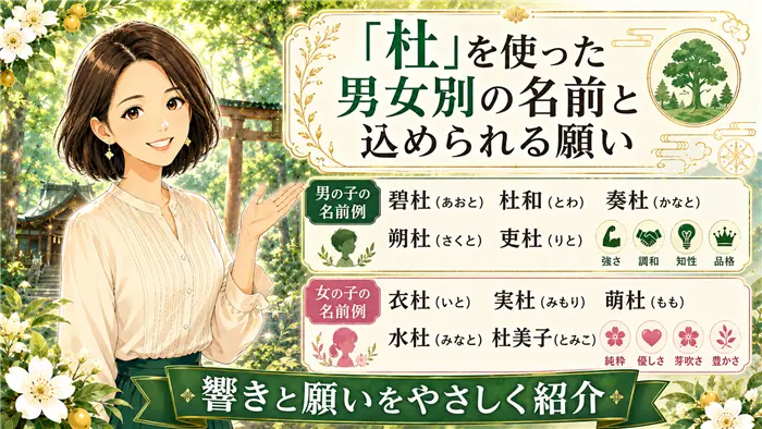 「杜」を使った男の子・女の子の名前例と読み方を、碧杜・杜和・奏杜・衣杜・実杜・水杜などの響きと、強さ・調和・優しさ・豊かさに込められる願いとして整理した解説画像