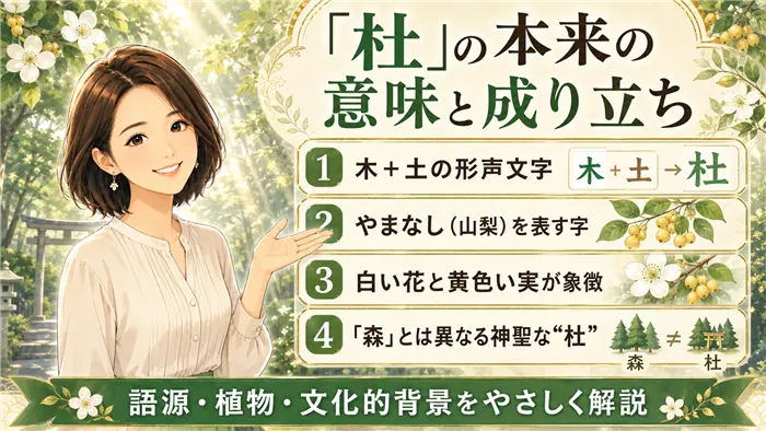 「杜」という漢字の本来の意味と成り立ちを、木＋土の形声文字、やまなしの白い花と黄色い実、「森」とは異なる神聖な杜の文化的背景として整理した解説画像