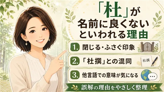 「杜」という漢字が名前に良くないといわれる理由を、閉じる・ふさぐ印象、「杜撰」との混同、他言語での意味への不安という3つの誤解からやさしく整理した解説画像
