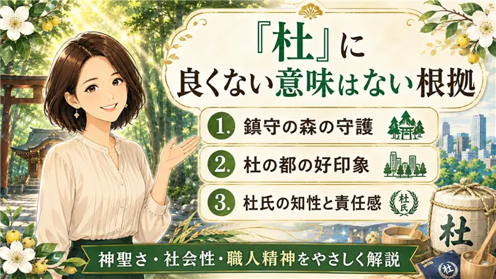 「杜」という漢字に良くない意味はない根拠を、鎮守の森の守護、杜の都の好印象、杜氏の知性と責任感という3つのポジティブな背景から解説した画像