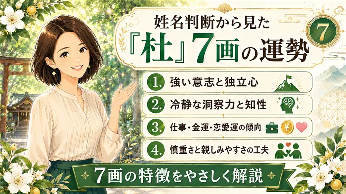 姓名判断から見た「杜」7画の運勢を、強い意志と独立心、冷静な洞察力と知性、仕事・金運・恋愛運の傾向、親しみやすさの工夫として整理した解説画像