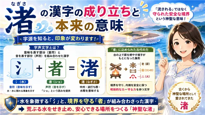 「渚」という漢字の成り立ちを、水を表す「氵」と音を表す「者」の構造や古代の意味とともに、渚の風景と女性ナビゲーターが分かりやすく解説している画像